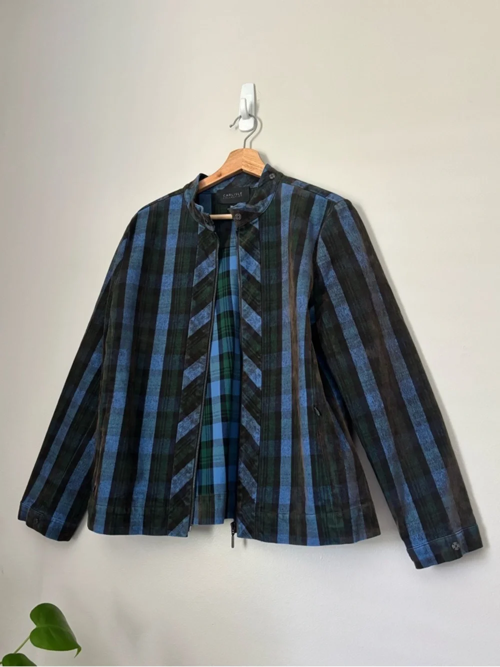 Carlisle Collection Plaid Satin Embroidered Trim Jacket